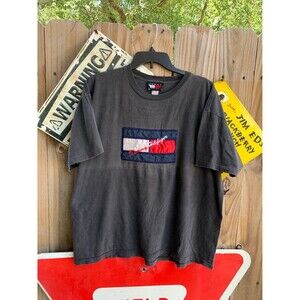 Vintage 90s Tommy Hilfiger Black and red embroidered logo tee fashion Size XL